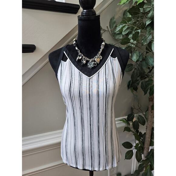 Candie's Blouse Top Women M White Black Striped Rayon Stretch V Neck Sleeveless - Picture 2 of 11